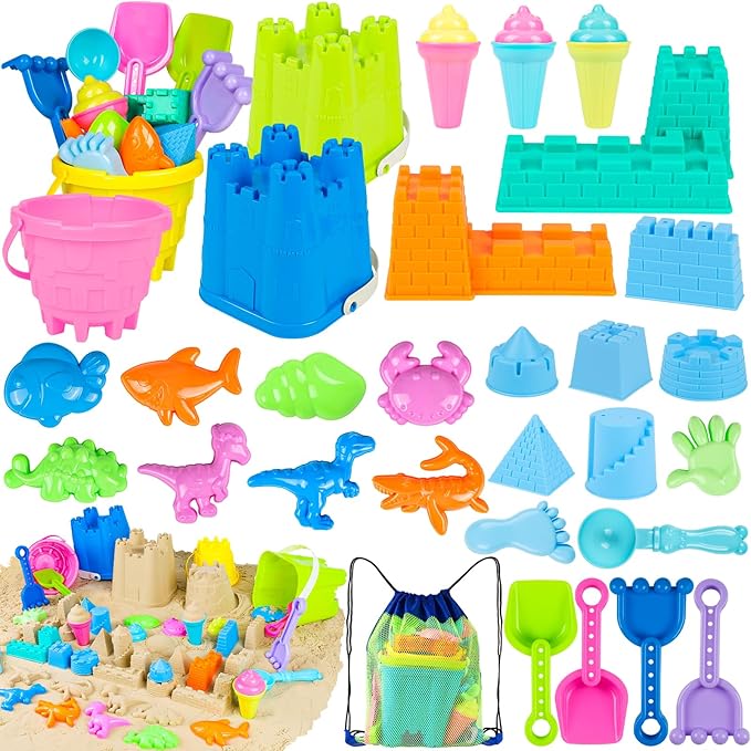 REZUCREY Beach Toys for Kids Toddlers, Sand Castle Toys with 4 Sand Bucket and Shovels, Mesh Bag & Molds, Ice Cream Travel...