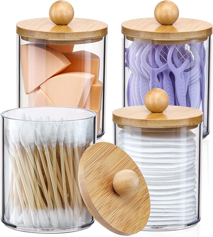 4 Pack Qtip Holder Dispenser with Bamboo Lids - 10 oz Clear Plastic Apothecary Jar Containers for Vanity Makeup Organizer ...