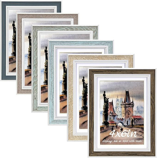 Daofary 4x6 Picture Frame Set of 6, Rustic Farmhouse Photo Frame, Display 3.5x5 with Mat or 4x6 Without Mat for Decorative...