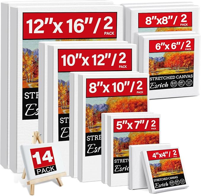 14 Packs Stretched Canvas for Painting, MultiSize 12x16, 10x12, 8x10, 5x7, 8x8, 6x6, 4x4 (2 of Each), Primed Blank Canvas ...