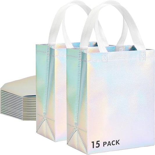 RACETOP 15 Pcs Iridescent Glossy Gift Bags Medium Size, 8x4x10 Inch Holographic Reusable Gift Bags with Handles, Ideal for...