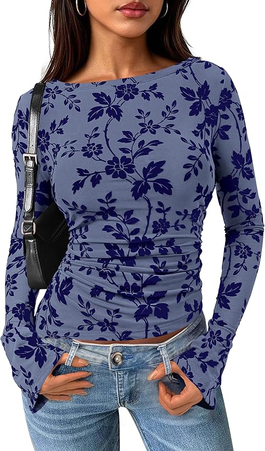 PRETTYGARDEN Women Long Sleeve Floral Mesh Tops Blouse 2026 Fall Trendy Boat Neck Ruched Spring Shirt Going Out Date Outfits
