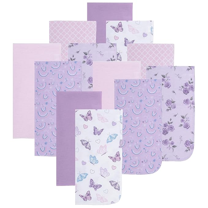 EVERYDAY KIDS 12 Pack Burp Cloths for Baby Girl; Newborn Essential with - Large Absorbent Cotton Flannel Purple/Pink Burpi...