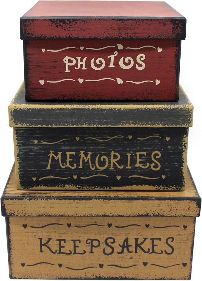 CVHOMEDECO. Primitive Vintage Square Photos, Memories, Keepsakes Cardboard Nesting Boxes, Large 9 X 9 X 4-1/2 Inch. Set of 3.