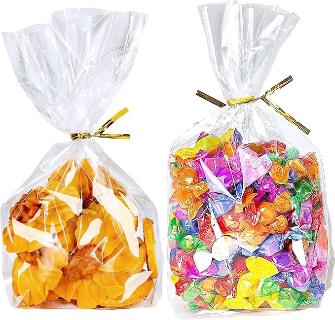 PigPotParty Cellophane Treat Bags 6x9 Inch, 50 Pack Clear Goodie Bags with Bottom Gusset for Stand-Up Display, Small Plast...