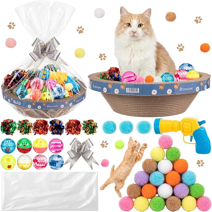 Zopeal 64 Pcs Easter Cat Toy Gift Set Magic Cat Scratcher Board Ball Launcher Gun Crinkle and Yarn and Plastic Bell Ball K...