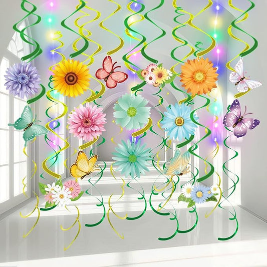 33pcs Spring Hanging Decorations for Home - Flower Butterfly Hanging Swirls with Led Lights for Spring Summer Easter Flowe...