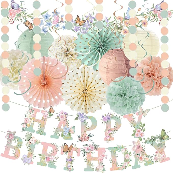 Sage Green Blush Pink Birthday Decorations,Flower Butterfly Happy Birthday Banner, Wildflower Garland,Paper Lanterns Tissu...