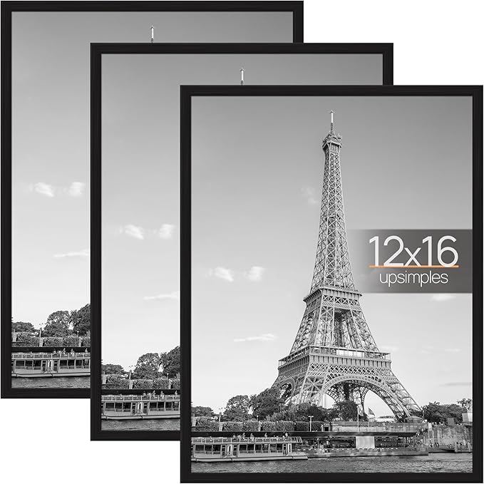 upsimples 12x16 Picture Frame Black 3 Pack, Scratch-Proof Poster Frames 12 x 16 for Photo Gallery - Slide-In Strips, Horiz...