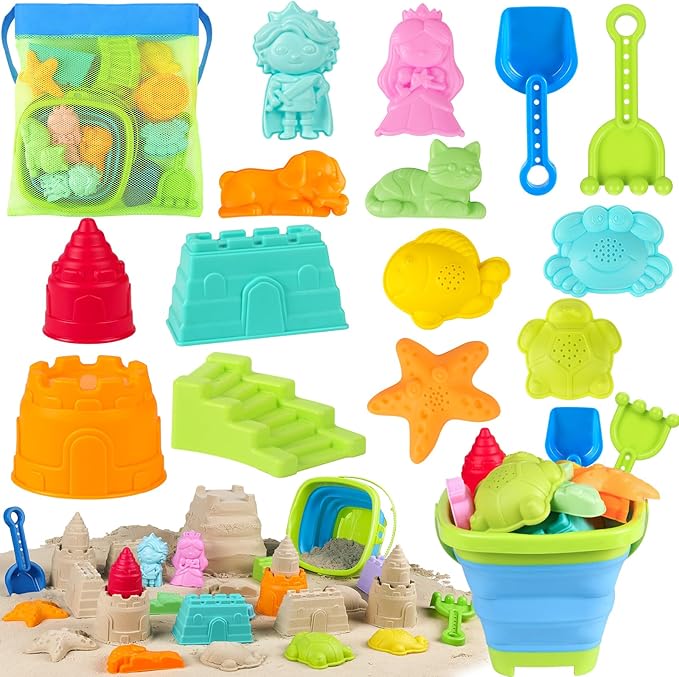 Collapsible Beach Toys for Kids Toddlers, Foldable Sand Bucket and Shovels Set with Mesh Bag & Sand Castle Building Kit, T...