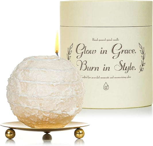 Spiral Candles Burn Around, Unscented Unique Shaped Decorative Candle on Metal Base, 4.5" Beige Beeswax Soy Wax Candle, 4h...