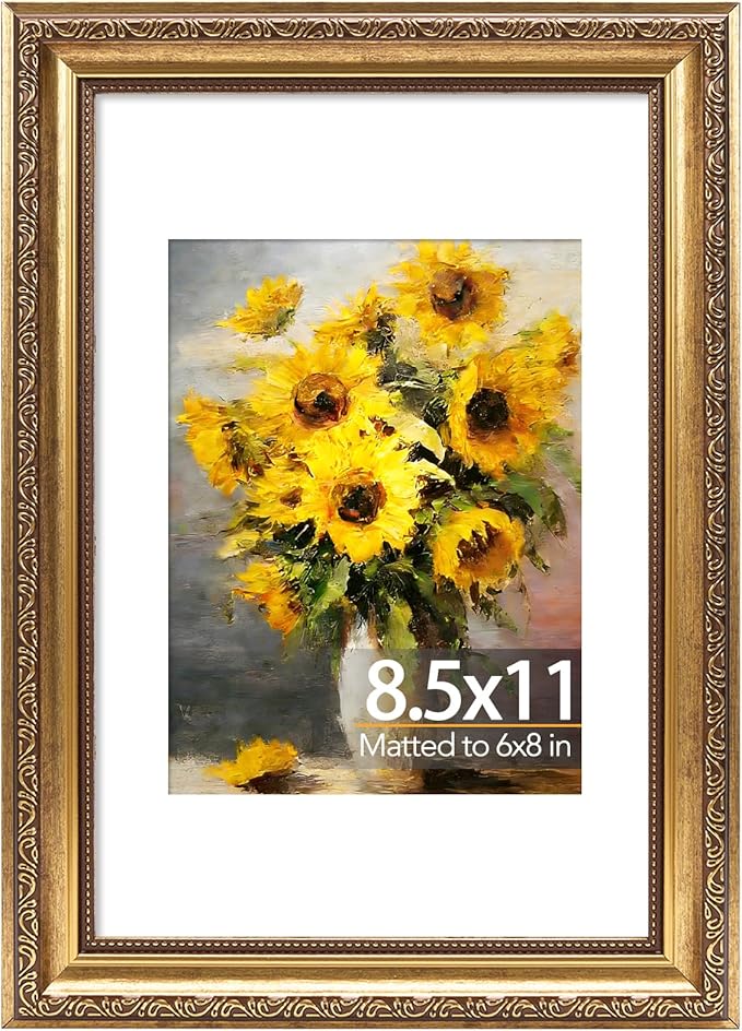 JCJMY 8.5x11 Vintage Picture Frame with 6x8 Mat, Elegant Retro 8.5 by 11 Photo Frame with Shatter-Resistant Plexiglass for...