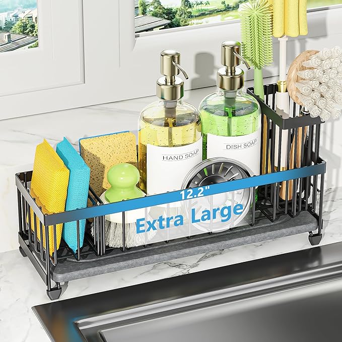 Cisily Extra Large Sink Caddy Organizer with Drying Stone, Black Sponge Holder for Kitchen, Dish Brush Holder for Countert...