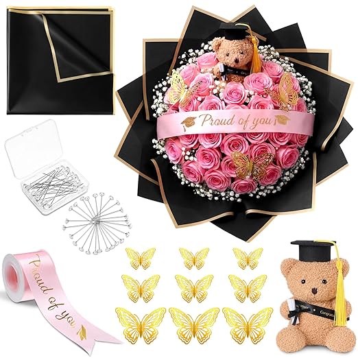 Gilprop 25 Pcs Graduation Flower Bouquet Accessories 2026 with 1 Bear 10 Floral Wrapping Paper 1 Ribbon 12 Butterfly Decor...