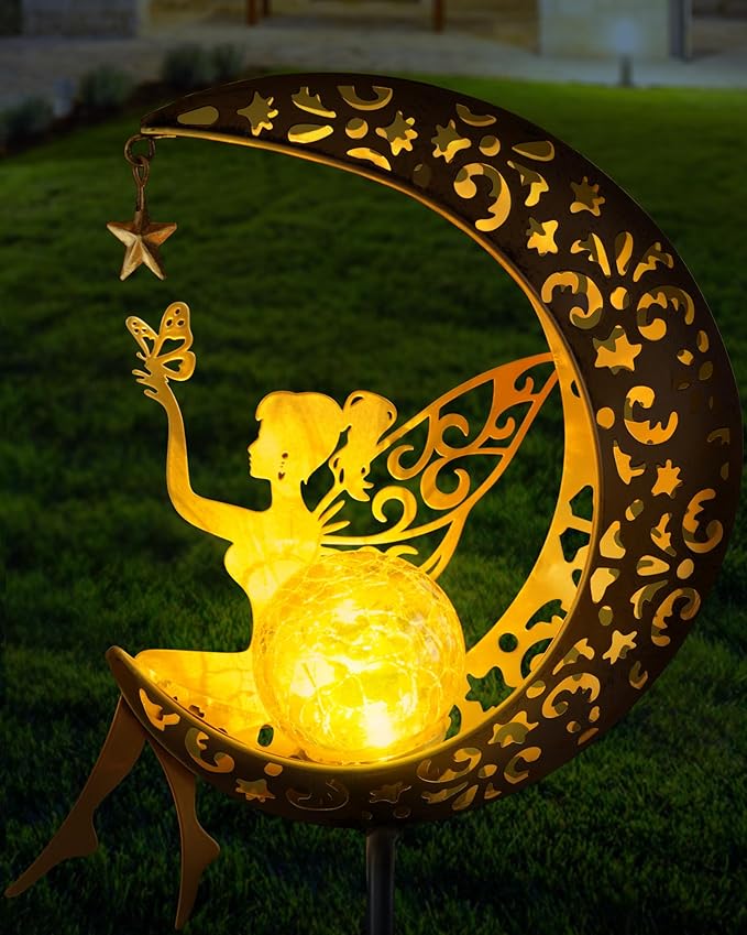 Vuees Solar Garden Statues Outdoor Decor, Fairy Moon Figurine Light Stake, Housewarming Ornament for Patio, Lawn, Yard, Pa...