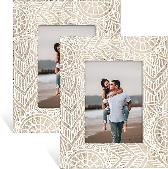 FOLKOR Boho Picture Frames 4x6, 2 Pack Engraved Farmhouse Wedding Picture Frame, Bohemia Decorative Photo Frame with Stand...