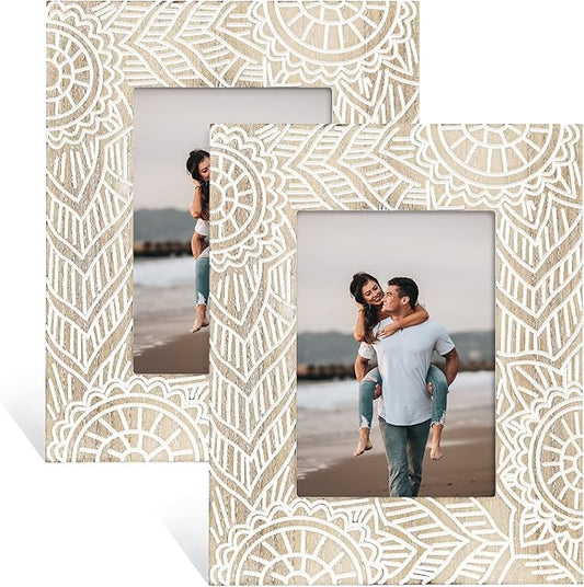 FOLKOR Boho Picture Frames 4x6, 2 Pack Engraved Farmhouse Wedding Picture Frame, Bohemia Decorative Photo Frame with Stand...