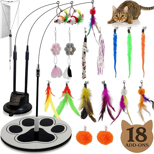 18-Piece Interactive Cat Toys for Indoor Cats -PATENTED Heavy Duty Self-Holding Floor Base & Suction Cup - Durable Feather...