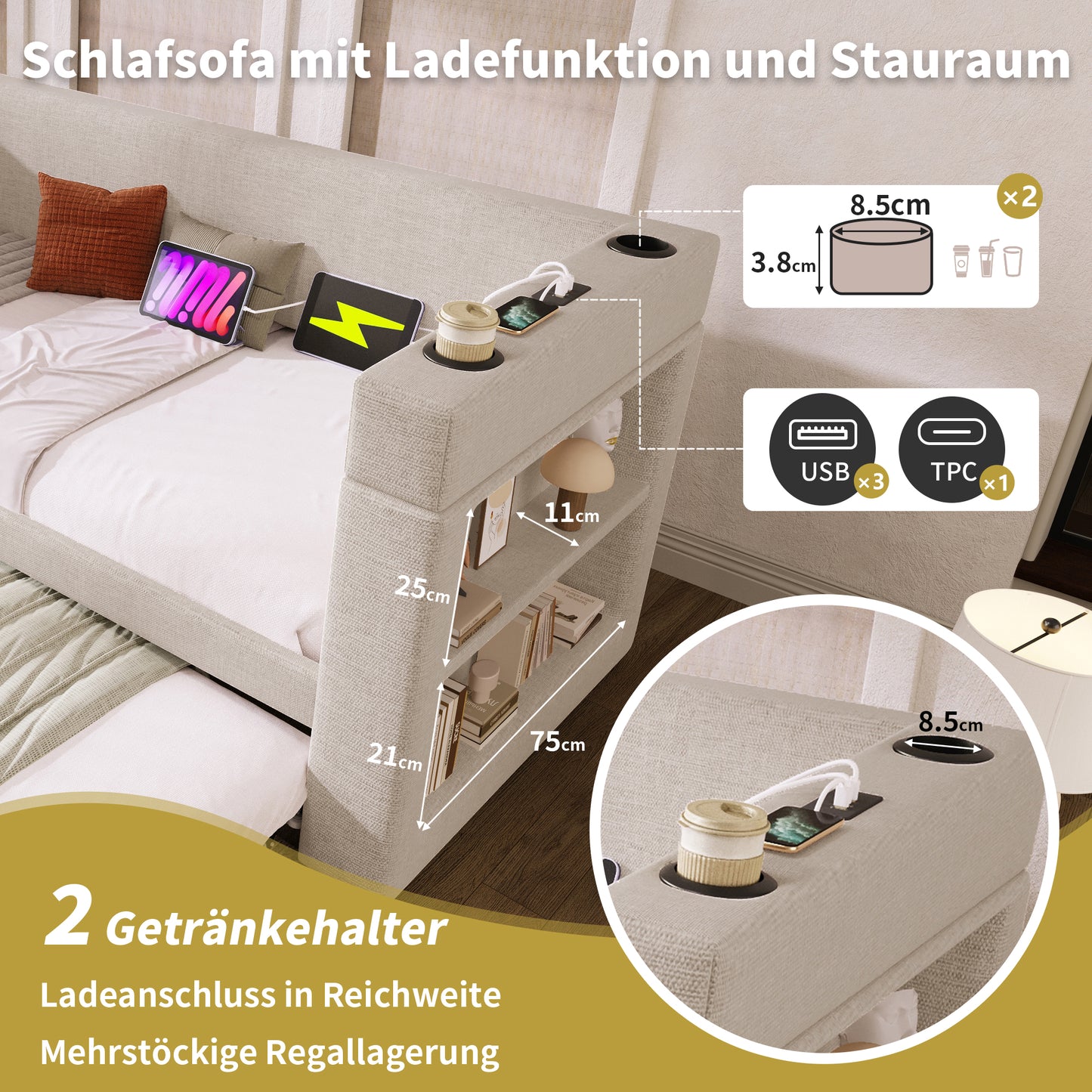 Upholstered Daybed 90x190 Cm, Single Bed Sofa Bed With Pull-out Bed, Armrests With USB & Type-C Charging Port And Cup Holder, Linen Blend, Beige, Without Mattress.