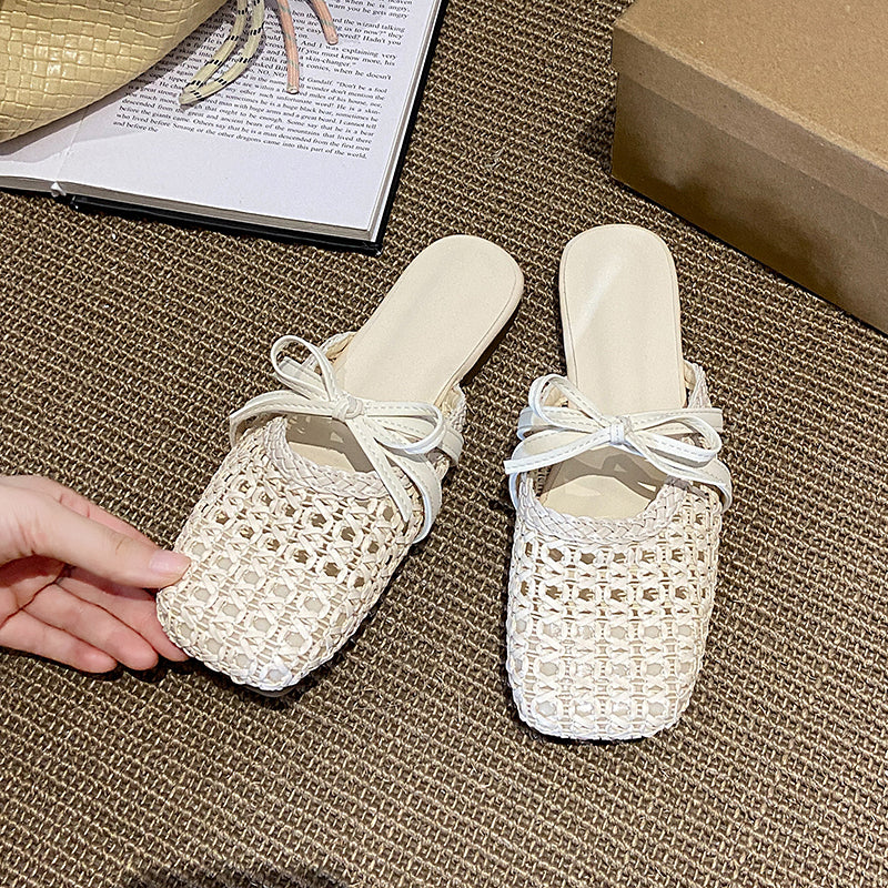 2026 Hot French Woven Hollow Out Mules For Women, Slip-on Flat Elegant Closed Toe Slides For Outdoor Summer Wear
