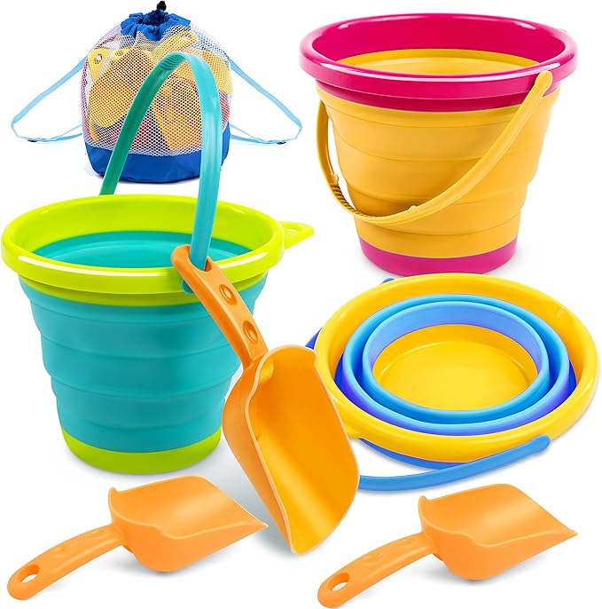 JOYIN 3 Packs Foldable Pail Bucket with Shovels & Mesh Bag, Collapsible Buckets Multi Purpose for Beach, Camping Gear, Bea...