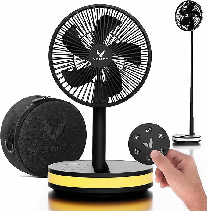 VENTY Portable Fan - Wireless Battery Operated Fan - 4 Speeds - LED Lighting - Carry Case & Remote Control - Cruise Travel...
