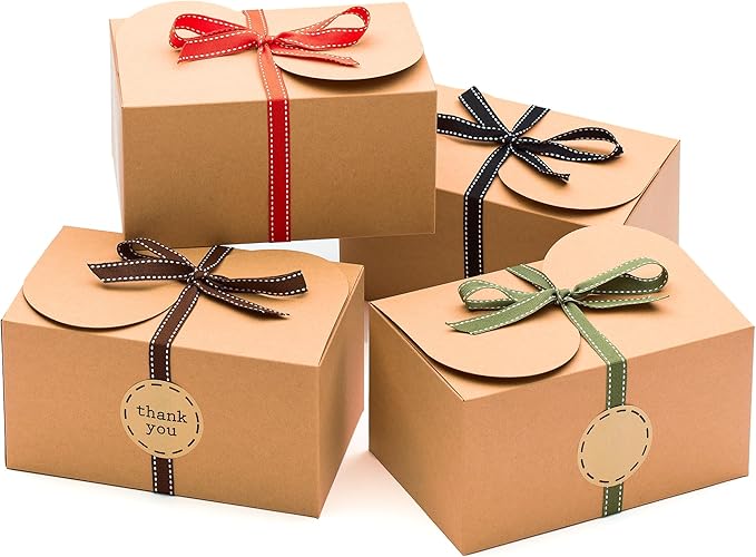 Large Brown Kraft Cookie Boxes with Ribbons & Sticker (20 Pack) 9” x 5.5” Decorative Craft Gift Boxes for Baked Goods, Can...