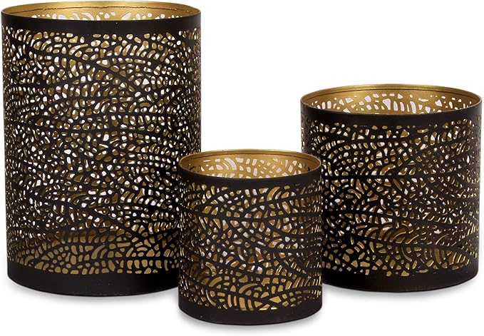 Lazy Gifts Set of 3 Black and Gold Metal Candle Holders – Decorative Tabletop Candle Holder Set for Pillar, Votive & Teali...