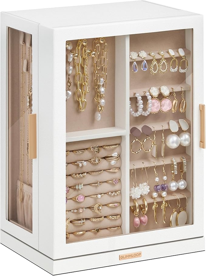 Glimmloop 360° Rotating Jewelry Box with 7 Drawers, Spacious Vertical Jewelry Organizer with Glass Window, Jewelry Storage...