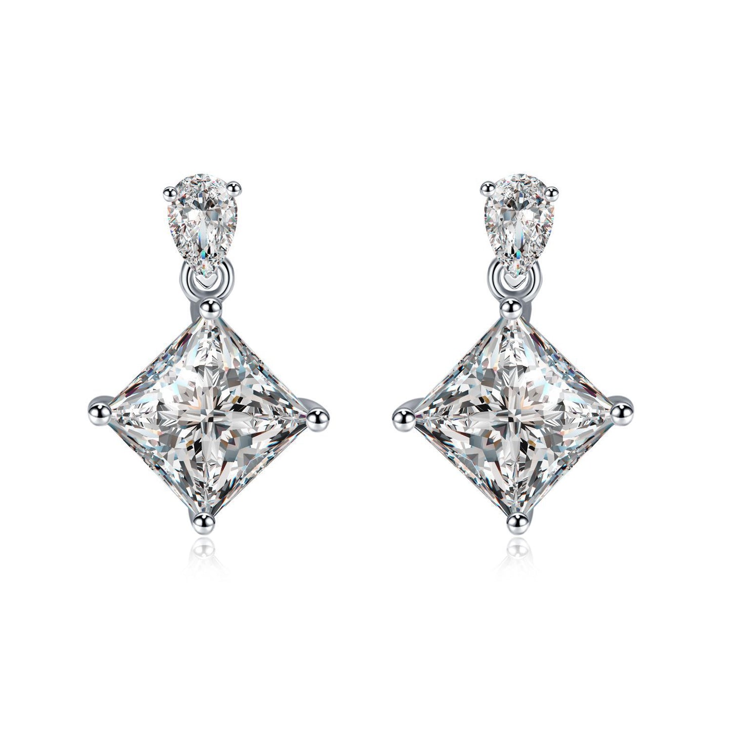 S925 Sterling Silver Princess Cut Drop Earrings, 1ct D-VVS1 Moissanite With Teardrop Top, Platinum Plated 1.7g Jewelry Gift Box