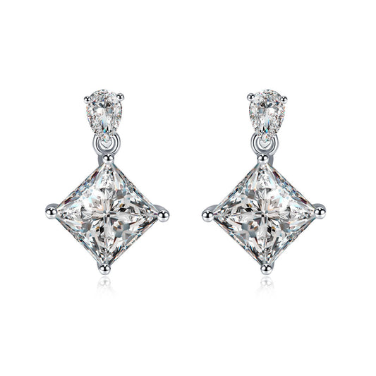 S925 Sterling Silver Princess Cut Drop Earrings, 1ct D-VVS1 Moissanite With Teardrop Top, Platinum Plated 1.7g Jewelry Gift Box