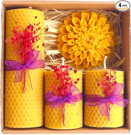 Petekoğlu Candle Beeswax Set of 4 Beeswax Candle Natural Set. Bees Wax Candle Gift Set (Purple Ribbon Decorated Floral)