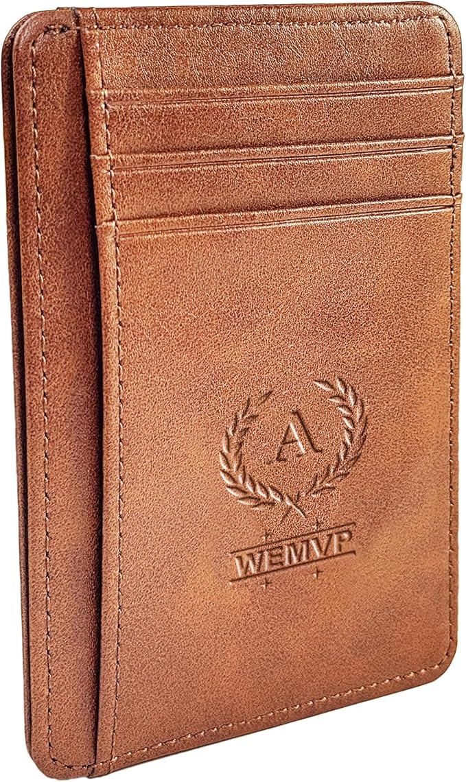 WEMVP Personalized Initial Card Wallet - Deep 3D Embossed Floral Leather Slim RFID Blocking Holder, Ultra-Thin 0.8cm Custo...