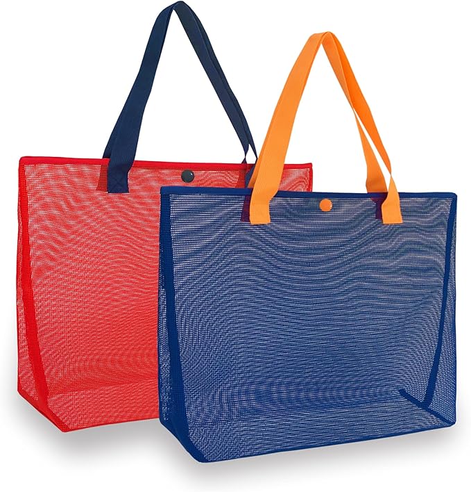 hsmyank 2Pack Large lightweight Simple Mesh Beach Tote Bag With snap Button Reusable Pool Bag for Outdoor Travel Shopping Gym