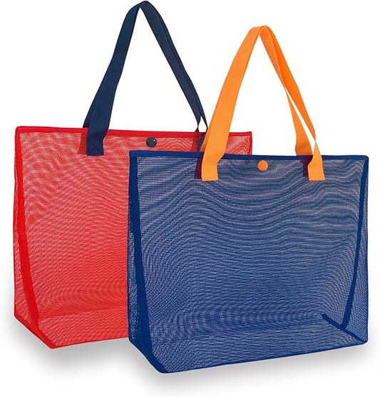 hsmyank 2Pack Large lightweight Simple Mesh Beach Tote Bag With snap Button Reusable Pool Bag for Outdoor Travel Shopping Gym