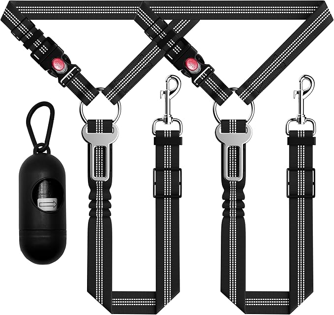 Seyezo Dog Car Seat Belt Set - 3 Piece Retractable Harness, Adjustable Reflective Seatbelt for Vehicle Headrests, Safety R...