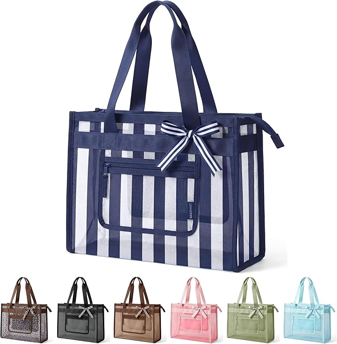 BAGSMART Mesh Beach Bag with Zipper Pocket, Large Beach Tote Bags for Women | for 40 oz Bottle, Removable Ribbon Bow, Sand...