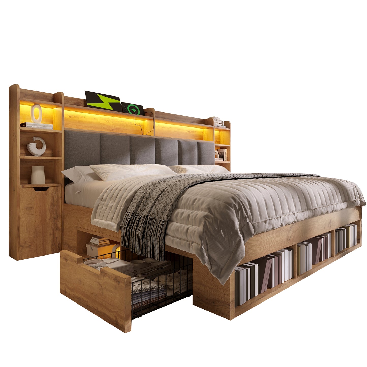 160x200 Cm Double Bed System Bed, Oak Coloured, Upholstered Headboard With LED Lighting, Bedside Tables With USB And Type-C Ports, Storage Space And Sliding Drawers, Wooden Slatted Base Without Mattr