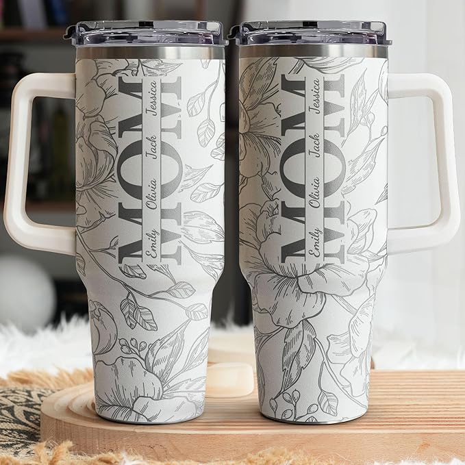 Pandzee Personalized Engraved 40oz Tumbler, Custom Kids' Names Tumbler, Floral Mom Mother's Day Gifts, Gift for Grandma Gr...