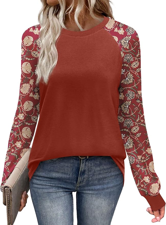 WIHOLL Long Sleeve Shirts for Women Color Block Raglan Tops Casual Crewneck Basic Tees Fall Clothes 2026 Fashion