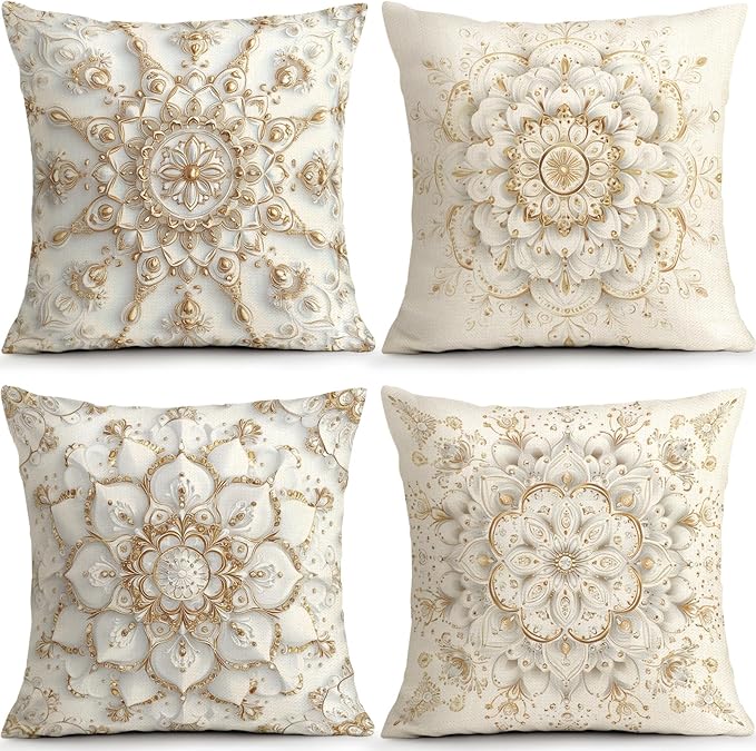 OBSEDE Golden Mandala Decorative Throw Pillow Covers 18x18 Set of 4, White and Gold Boho Cushion Case for Sofa Couch