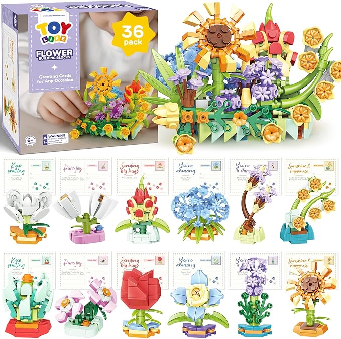 TOY Life 36 Pack Party Favors for Kids, Tiny Plants Mini Flowers Building Blocks Set for Classroom Prize, Flowers Botanica...