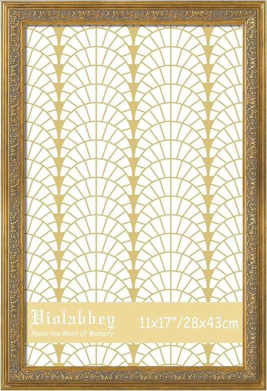 VIOLABBEY 11x17 Picture Frame Gold, Vintage Photo Frames Ornate without Mat for Wall Hanging