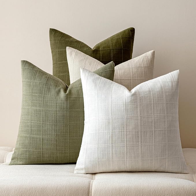 Aesthaboho Green Linen Pillow Covers Set of 4, Decorative Plaid Throw Pillow Covers 18 x 18 Inch, Boho Cushion Soft Farmho...