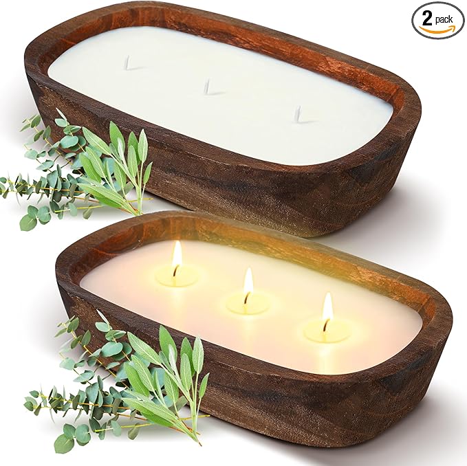 Lounsweer 2 Pack Wood Dough Bowl Candle 10inch Christmas Candle Decorative with Wick Sage and Eucalyptus Scented Candles S...