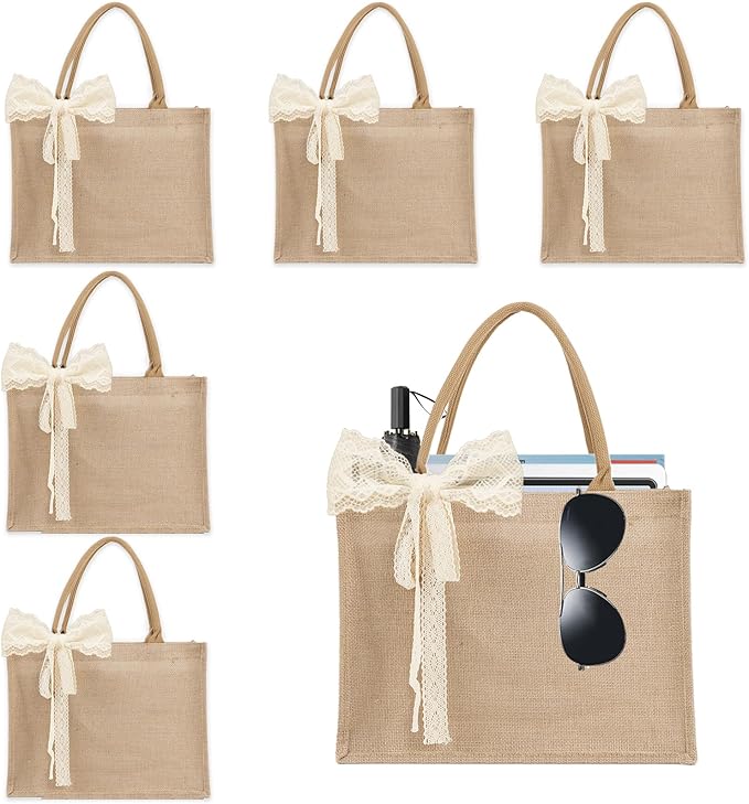 Karinoos 6pcs Burlap Tote Bag Set with Handles, Waterproof Reusable Blank Grocery Bags with Ribbon Large Jute Tote 15.35 *...