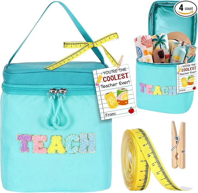 Summer Teacher Appreciation Gifts Teach Chenille Letter Cooler Bag with Ribbon Thank You Tag Wooden Clamp Cooler Bag for E...