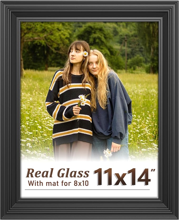 Tinkeps 11x14 Black Picture Frame - Real Glass, Classic Thick Frame Display Pictures 8x10 with Mat or 11 x 14 without Mat,...