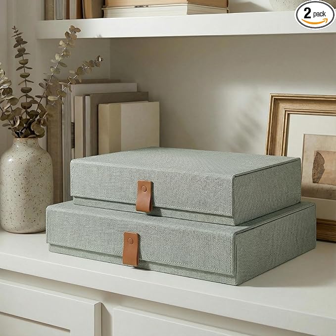 ZICOTO Decorative Photo Storage Boxes with Lids - Set of 2 Beautiful Linen Organizers Are Perfect to Safely Store Your Pic...