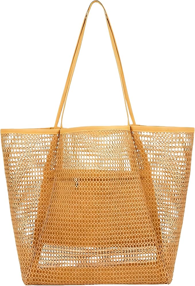 WXQCJL Mesh Beach Bag for Women - Foldable Large Tote with Zipper Inner Pockets for Pool Swimming Vacation & Travel